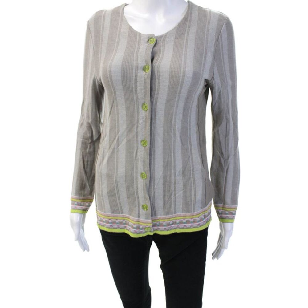 Catherine Andre Womens Button Up V Neck Striped Knit Cardigan Sweater Gray Large